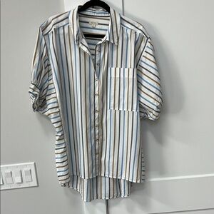Pilcro women’s Short-Sleeve Striped Button-Down — Blue, Tan & White
